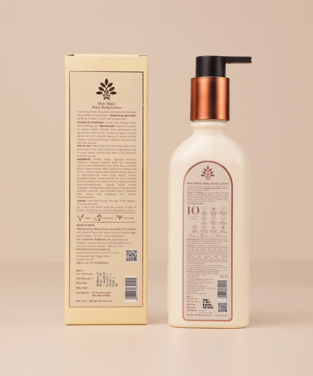 Baby Forest Moh Malai Baby Body Lotion for Babies - Enriched with 10 Ayurvedic Ingredients | Gentle & Nourishing Daily Moisturizer | Suitable for Newborns & Up | 200ml - MINIMEE KIDS
