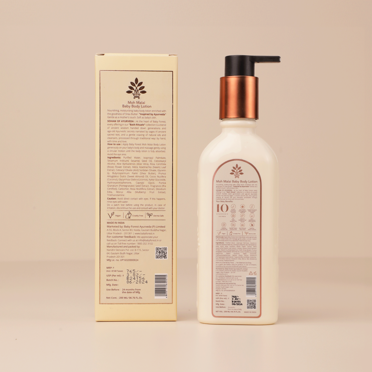 Baby Forest Moh Malai Baby Body Lotion for Babies - Enriched with 10 Ayurvedic Ingredients | Gentle & Nourishing Daily Moisturizer | Suitable for Newborns & Up | 200ml