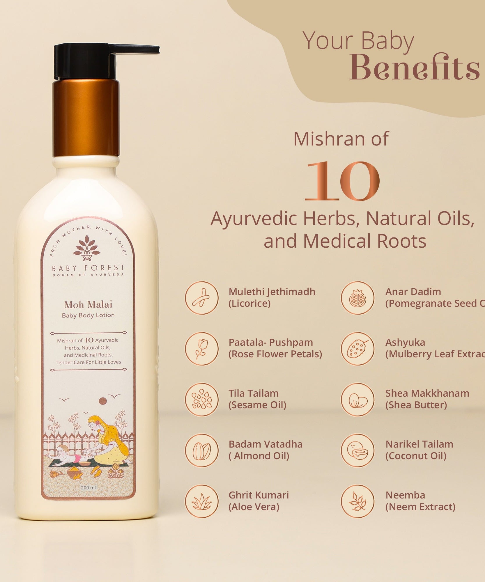 Baby Forest Moh Malai Baby Body Lotion for Babies - Enriched with 10 Ayurvedic Ingredients | Gentle & Nourishing Daily Moisturizer | Suitable for Newborns & Up | 200ml - MINIMEE KIDS