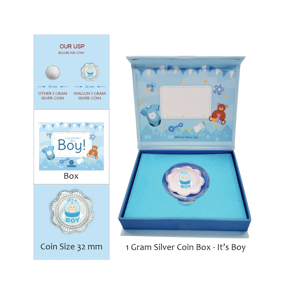 A baby boy silver coin presentation set by Shaguit Coins, featuring a 32mm silver coin with a blue and white bear design, shown inside a blue gift box with a matching inner card. An inset on the left details the coin sizes and packaging options.