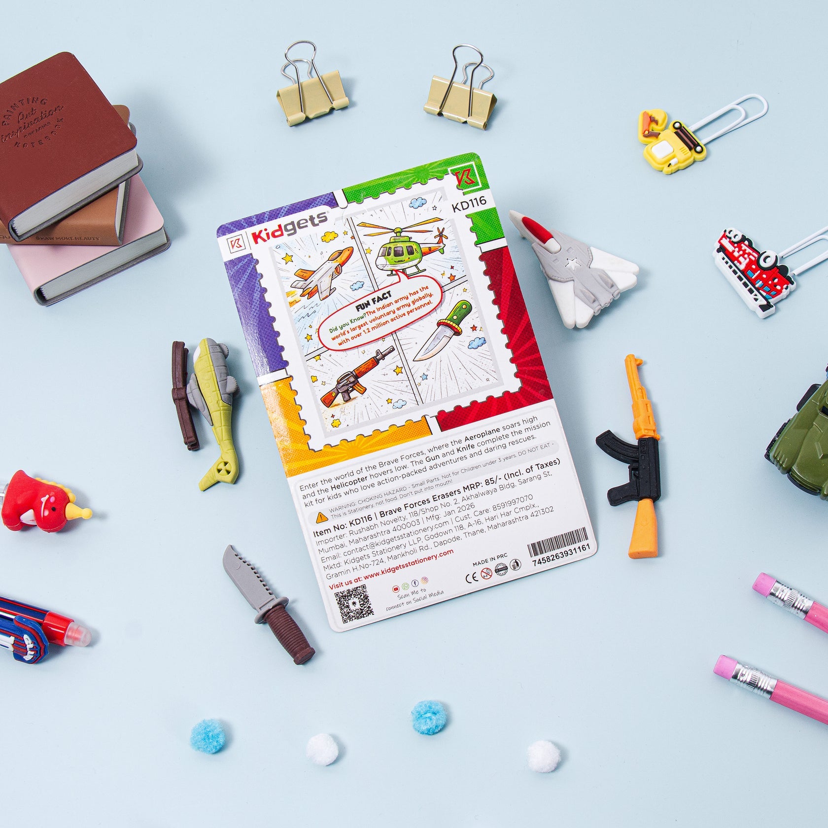 Kidgets KD116 Brave Forces 3D Eraser Set for Kids | 4-Piece Military & Aviation Themed Stationery Kit | Fun Collectible Puzzle Erasers