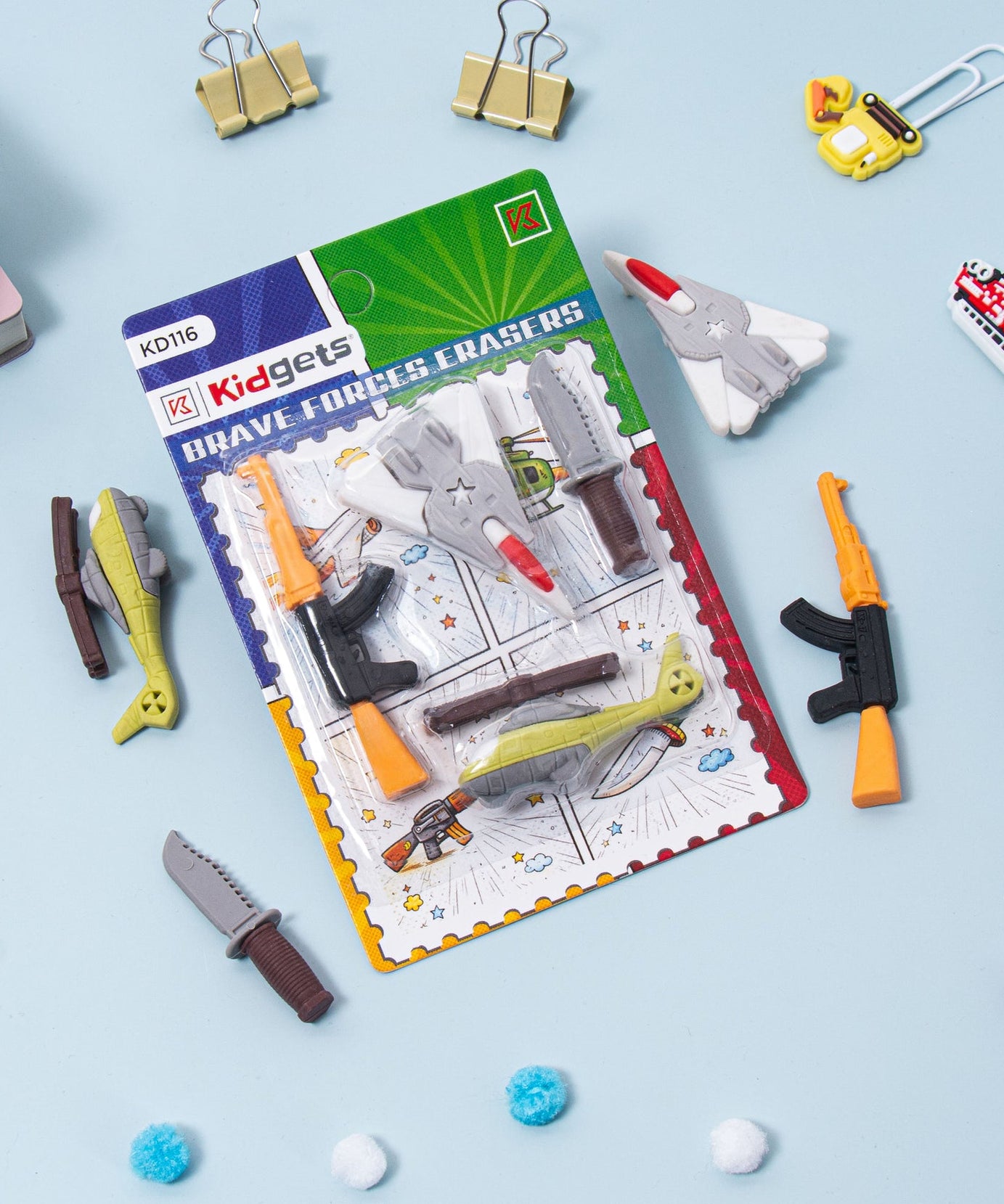 Kidgets KD116 Brave Forces 3D Eraser Set for Kids | 4-Piece Military & Aviation Themed Stationery Kit | Fun Collectible Puzzle Erasers