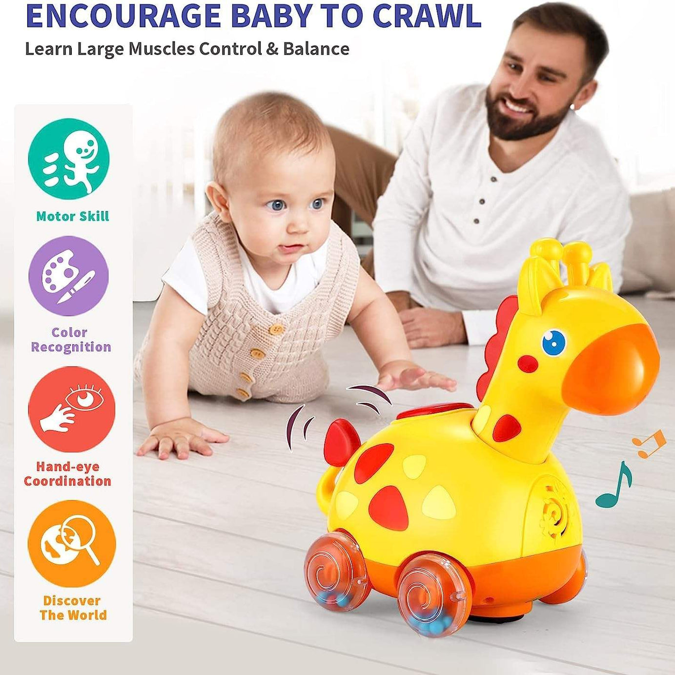 Fivestar Learning Fun Bump & Go Giraffe Toy for Babies | Interactive Musical Crawling Toy with Lights, Songs & Obstacle Avoidance | Safe BPA-Free Early Development Toy for 6+ Months