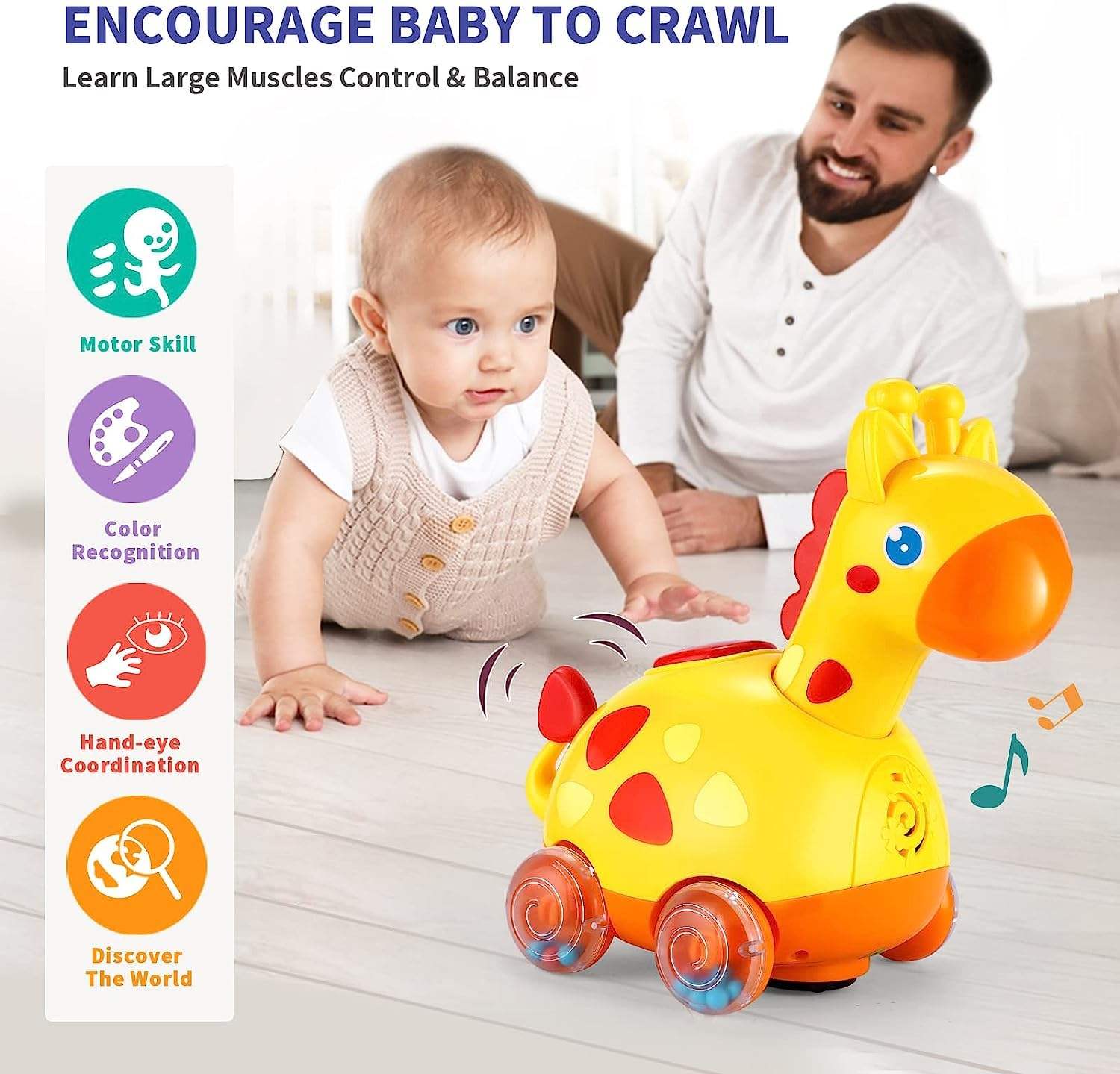 Fivestar Learning Fun Bump & Go Giraffe Toy for Babies | Interactive Musical Crawling Toy with Lights, Songs & Obstacle Avoidance | Safe BPA-Free Early Development Toy for 6+ Months