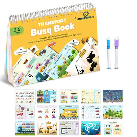 Curious Cub Transport Busy Book for Kids Ages 2–5 | Montessori-Inspired Reusable Activity Binder with 9 Velcro Games & 4 Wipe-Clean Sheets | Travel-Friendly Early Learning Educational Toy