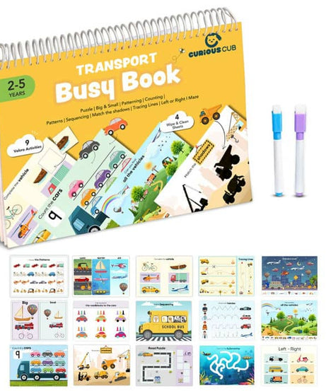 Curious Cub Transport Busy Book for Kids Ages 2–5 | Montessori-Inspired Reusable Activity Binder with 9 Velcro Games & 4 Wipe-Clean Sheets | Travel-Friendly Early Learning Educational Toy - MINIMEE KIDS