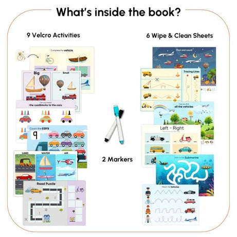 Curious Cub Transport Busy Book for Kids Ages 2–5 | Montessori-Inspired Reusable Activity Binder with 9 Velcro Games & 4 Wipe-Clean Sheets | Travel-Friendly Early Learning Educational Toy