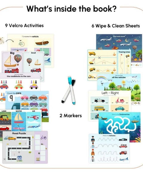 Curious Cub Transport Busy Book for Kids Ages 2–5 | Montessori-Inspired Reusable Activity Binder with 9 Velcro Games & 4 Wipe-Clean Sheets | Travel-Friendly Early Learning Educational Toy - MINIMEE KIDS