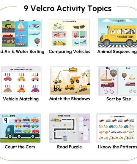Curious Cub Transport Busy Book for Kids Ages 2–5 | Montessori-Inspired Reusable Activity Binder with 9 Velcro Games & 4 Wipe-Clean Sheets | Travel-Friendly Early Learning Educational Toy - MINIMEE KIDS