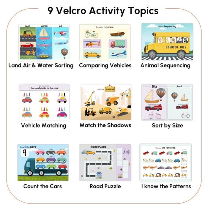 Curious Cub Transport Busy Book for Kids Ages 2–5 | Montessori-Inspired Reusable Activity Binder with 9 Velcro Games & 4 Wipe-Clean Sheets | Travel-Friendly Early Learning Educational Toy