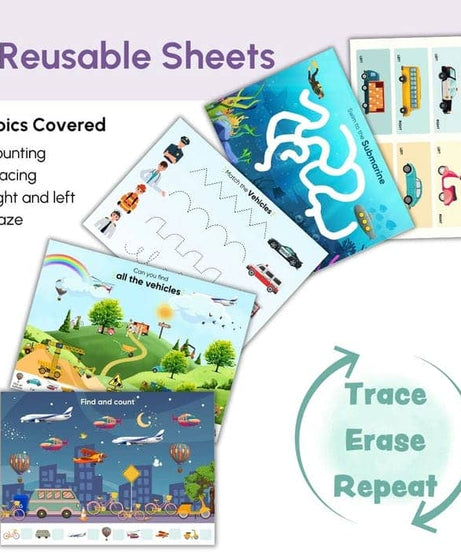 Curious Cub Transport Busy Book for Kids Ages 2–5 | Montessori-Inspired Reusable Activity Binder with 9 Velcro Games & 4 Wipe-Clean Sheets | Travel-Friendly Early Learning Educational Toy - MINIMEE KIDS