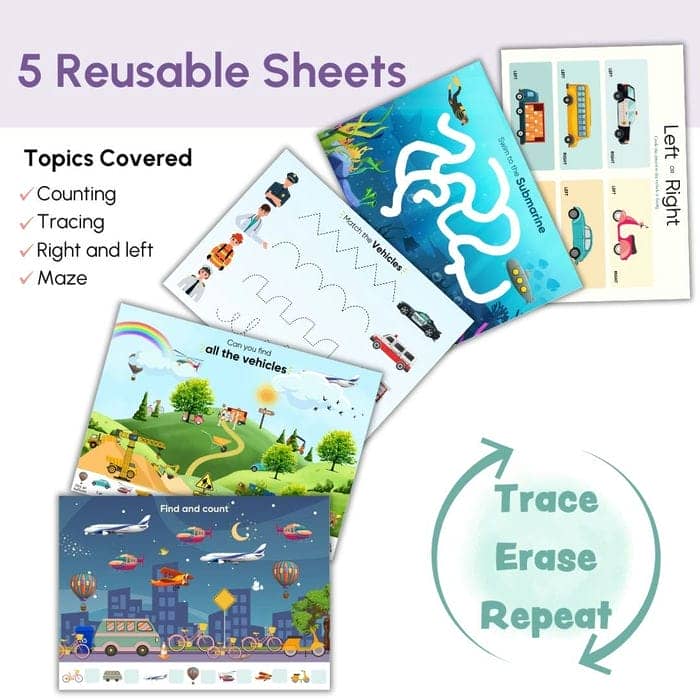 Curious Cub Transport Busy Book for Kids Ages 2–5 | Montessori-Inspired Reusable Activity Binder with 9 Velcro Games & 4 Wipe-Clean Sheets | Travel-Friendly Early Learning Educational Toy