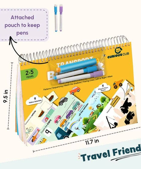 Curious Cub Transport Busy Book for Kids Ages 2–5 | Montessori-Inspired Reusable Activity Binder with 9 Velcro Games & 4 Wipe-Clean Sheets | Travel-Friendly Early Learning Educational Toy - MINIMEE KIDS