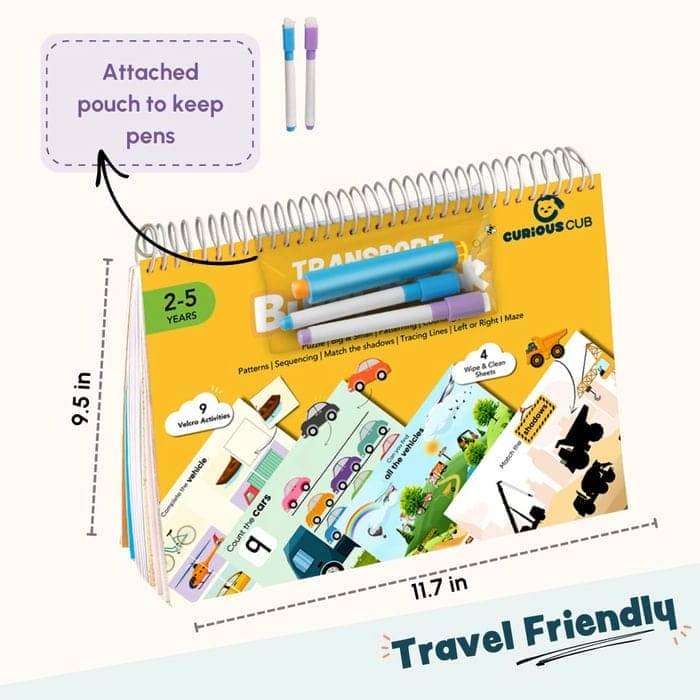 Curious Cub Transport Busy Book for Kids Ages 2–5 | Montessori-Inspired Reusable Activity Binder with 9 Velcro Games & 4 Wipe-Clean Sheets | Travel-Friendly Early Learning Educational Toy