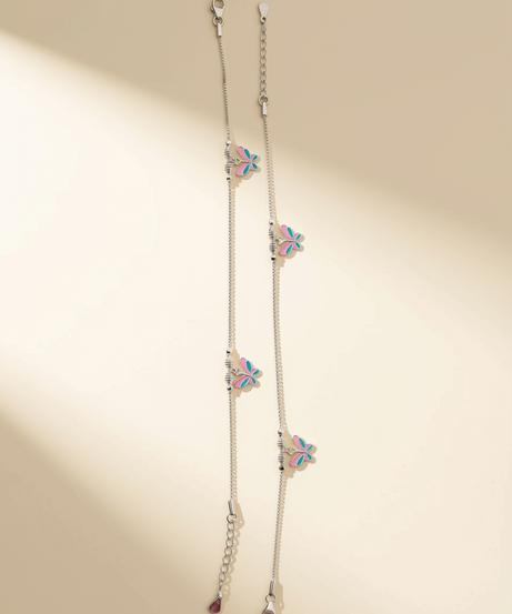 Butterfly Enamel 925 Sterling Silver Baby Anklets | Handcrafted Pink & Teal Payal for Infants & Toddlers | Hallmarked Jewelry | Set of 2
