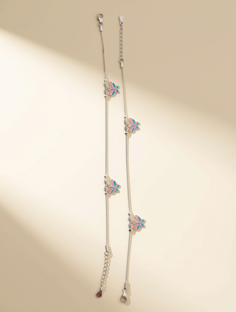 Butterfly Enamel 925 Sterling Silver Baby Anklets | Handcrafted Pink & Teal Payal for Infants & Toddlers | Hallmarked Jewelry | Set of 2