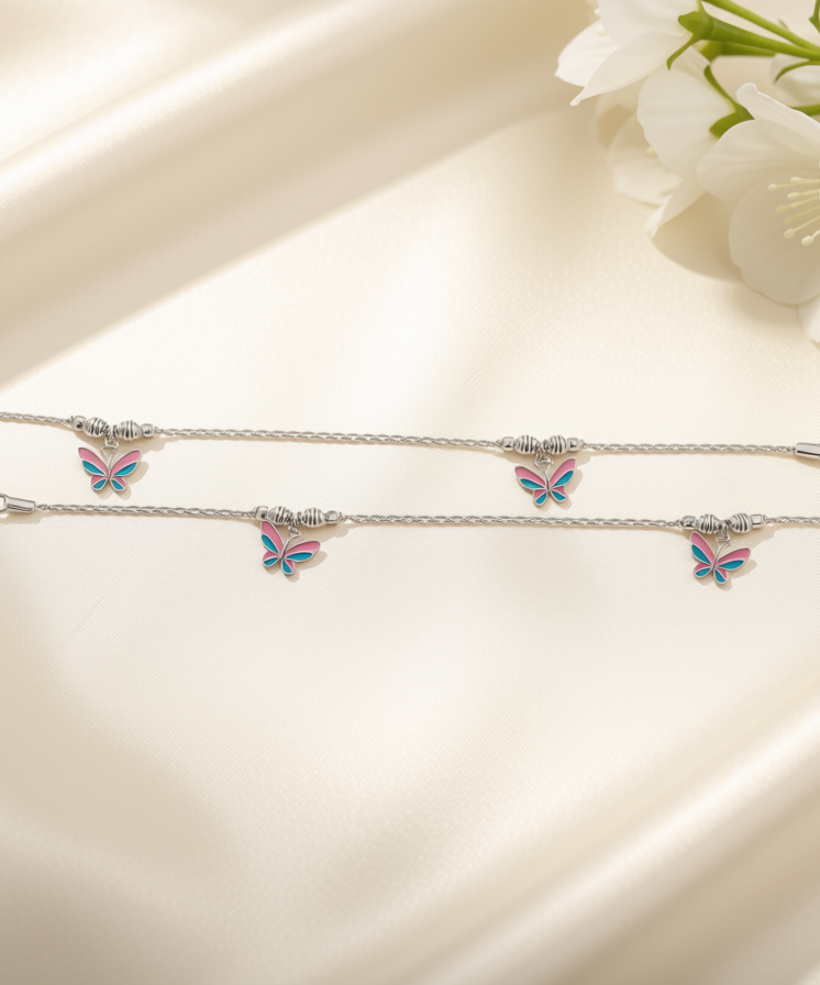 Butterfly Enamel 925 Sterling Silver Baby Anklets | Handcrafted Pink & Teal Payal for Infants & Toddlers | Hallmarked Jewelry | Set of 2