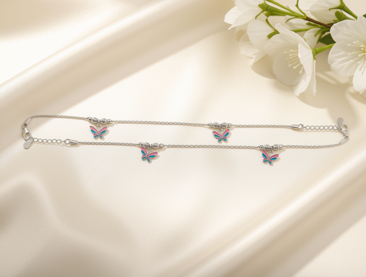 Butterfly Enamel 925 Sterling Silver Baby Anklets | Handcrafted Pink & Teal Payal for Infants & Toddlers | Hallmarked Jewelry | Set of 2