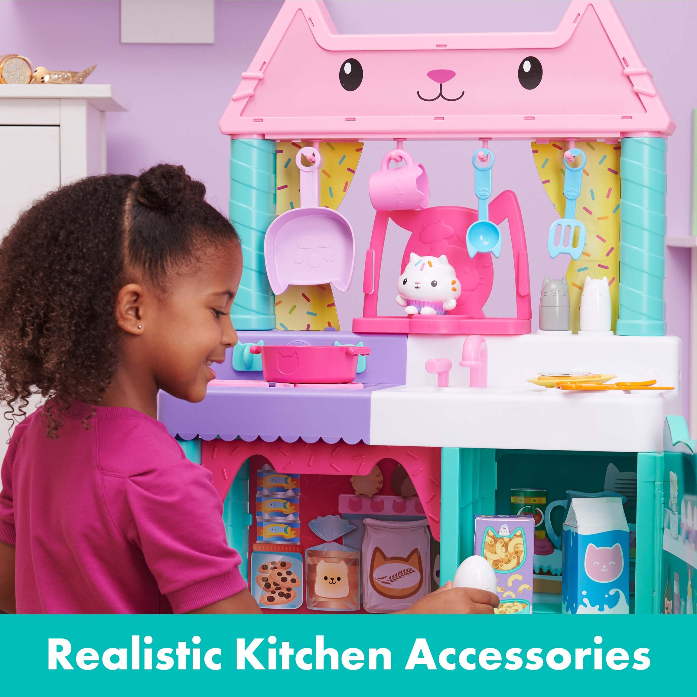 Gabby’s Dollhouse Cakey Cat Kitchen Set – 3-Foot Tall Play Kitchen with 20+ Accessories, Play Food, Sounds & Music for Kids Ages 3+