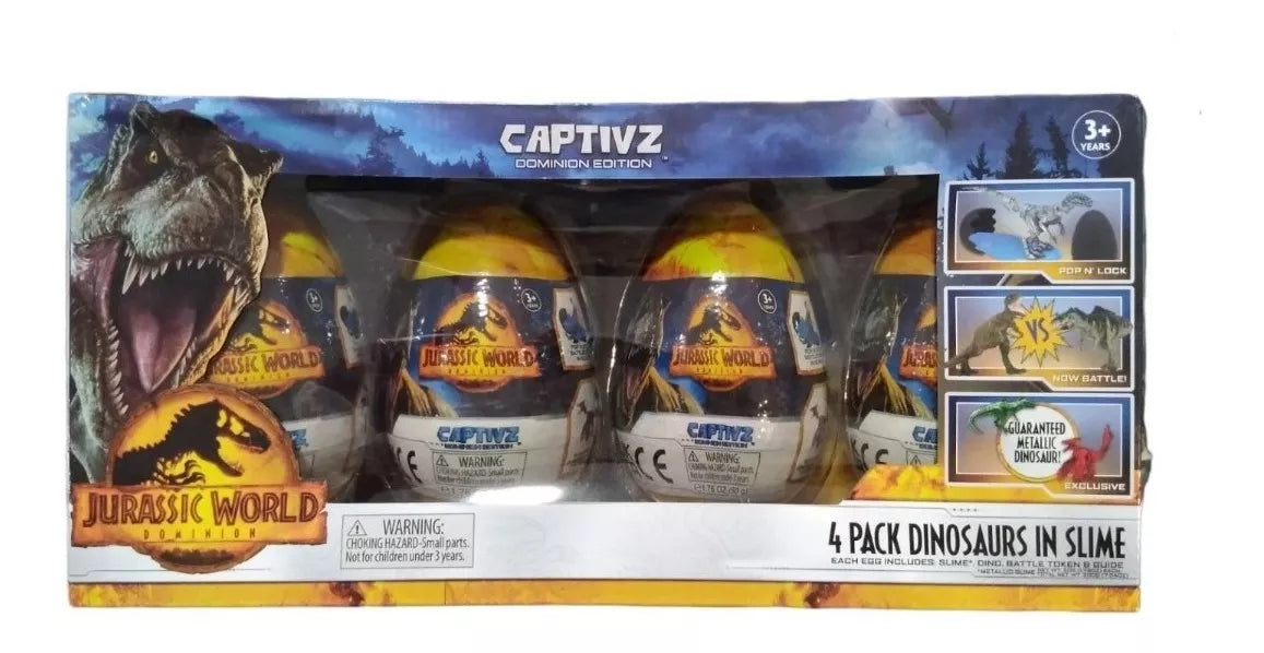 Captivz Jurassic World Dominion Edition - 4 Pack Dinosaurs in Slime, Metallic Dinosaur Inside, for Ages 3+