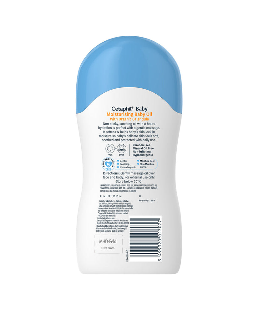 Cetaphil Baby Moisturising Baby Oil with Organic Calendula (200ml) – 8-Hour Hydration Face & Body Massage Oil with Sunflower, Almond & Jojoba Oils, Mineral Oil-Free & Paraben-Free (Made in Germany)