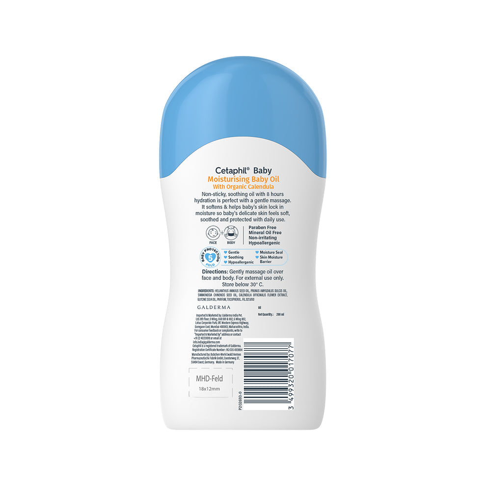 Cetaphil Baby Moisturising Baby Oil with Organic Calendula (200ml) – 8-Hour Hydration Face & Body Massage Oil with Sunflower, Almond & Jojoba Oils, Mineral Oil-Free & Paraben-Free (Made in Germany)