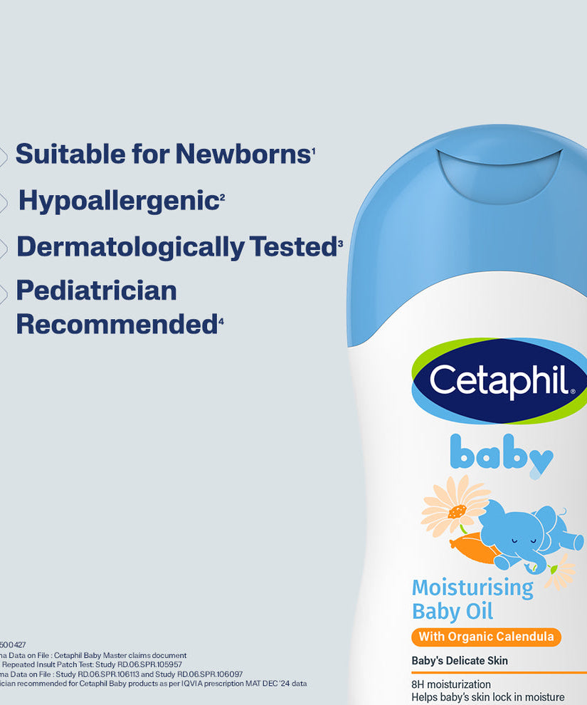 Cetaphil Baby Moisturising Baby Oil with Organic Calendula (200ml) – 8-Hour Hydration Face & Body Massage Oil with Sunflower, Almond & Jojoba Oils, Mineral Oil-Free & Paraben-Free (Made in Germany)