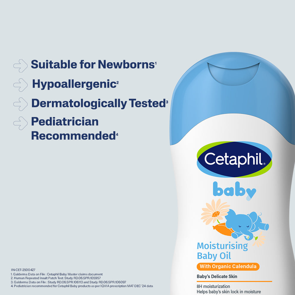 Cetaphil Baby Moisturising Baby Oil with Organic Calendula (200ml) – 8-Hour Hydration Face & Body Massage Oil with Sunflower, Almond & Jojoba Oils, Mineral Oil-Free & Paraben-Free (Made in Germany)