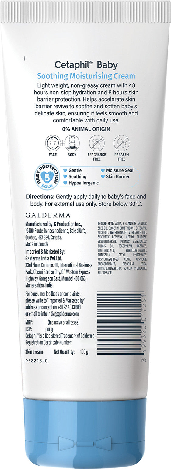 Cetaphil Baby Soothing Moisturising Cream for Sensitive Skin (100g) – 48-Hour Hydration & 8-Hour Skin Barrier Protection, Fragrance-Free | Face and Body Cream (Made in Canada)