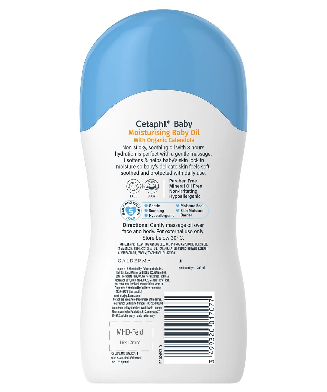 Cetaphil Baby Moisturising Baby Oil with Organic Calendula, Sunflower & jojoba seed oils – 200ml | Gentle Hydration, 8H Moisture Lock, Non-Sticky Massage Oil for Baby’s Delicate Skin