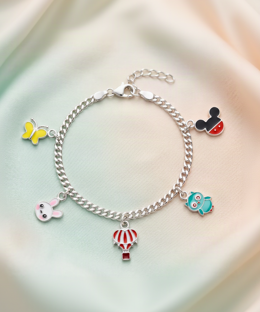 Multi-Charm 925 Sterling Silver Baby Bracelet | Butterfly, Bunny, Hot Air Balloon & Owl Enamel Charms | Hallmarked Adjustable Kids Jewelry