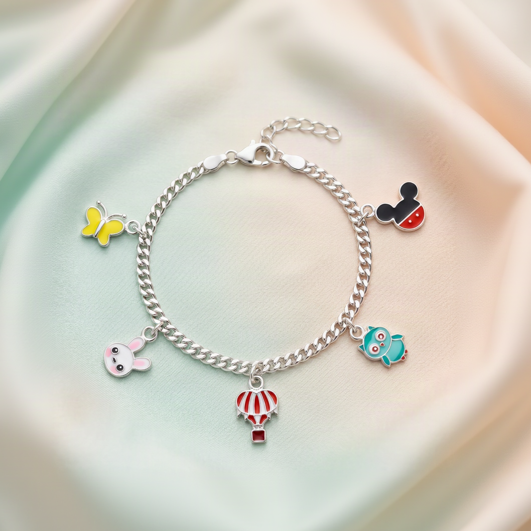 Multi-Charm 925 Sterling Silver Baby Bracelet | Butterfly, Bunny, Hot Air Balloon & Owl Enamel Charms | Hallmarked Adjustable Kids Jewelry