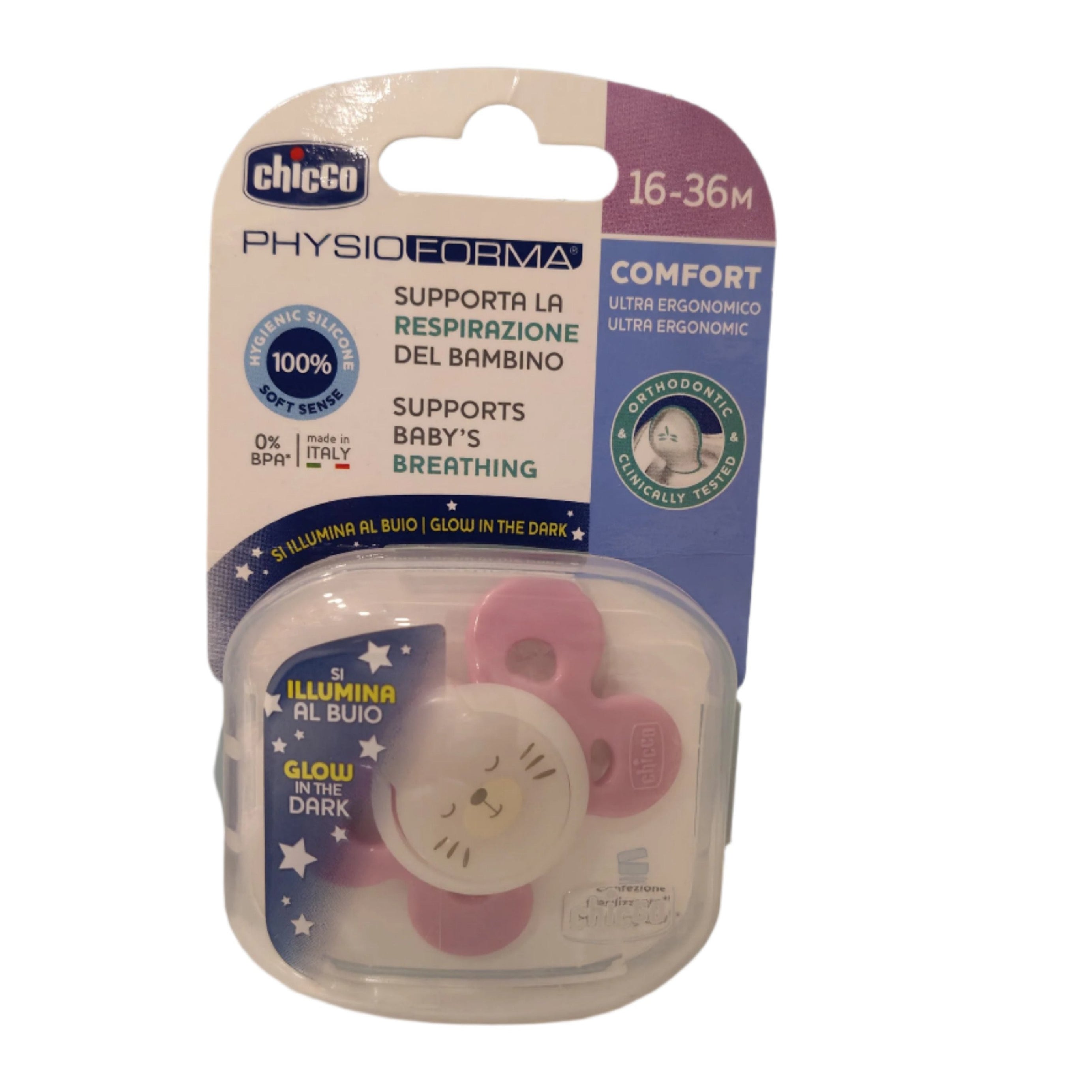 Chicco PhysioForma Comfort Glow in the Dark Silicone Pacifier, Pink & blue, 16–36 Months | Clinically Tested Orthodontic Design | Supports Baby's Breathing | BPA-Free