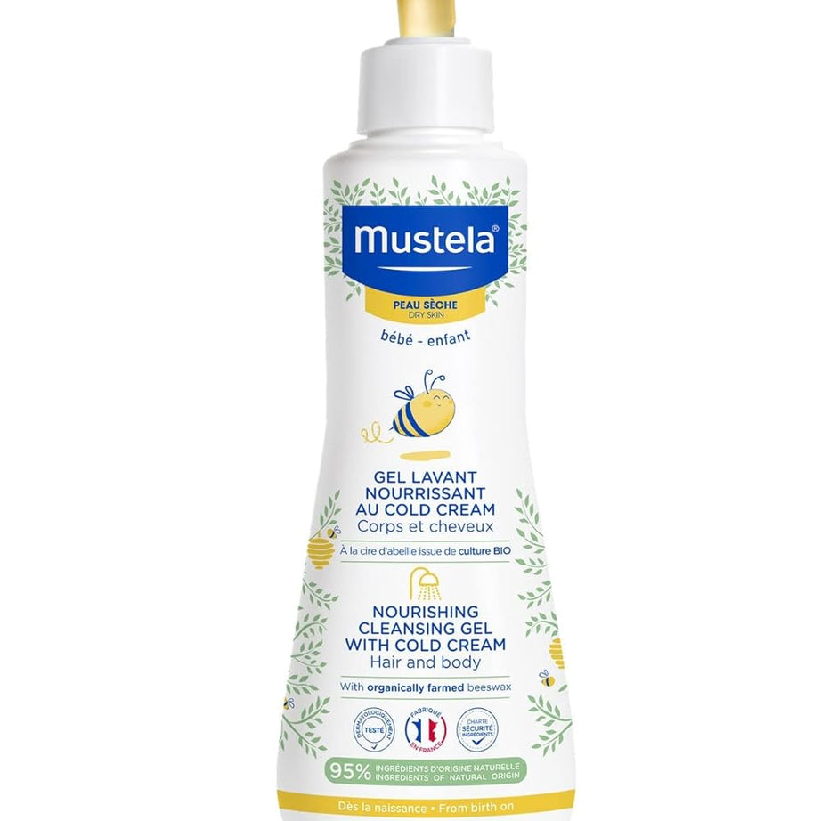 Mustela Nourishing Cleansing Gel with Cold Cream for Hair & Body - Organic Beeswax | 300ml | Made in France