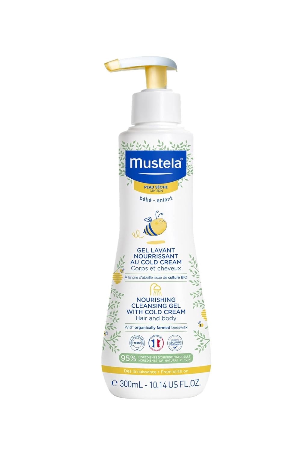 Mustela Nourishing Cleansing Gel with Cold Cream for Hair & Body - Organic Beeswax | 300ml | Made in France