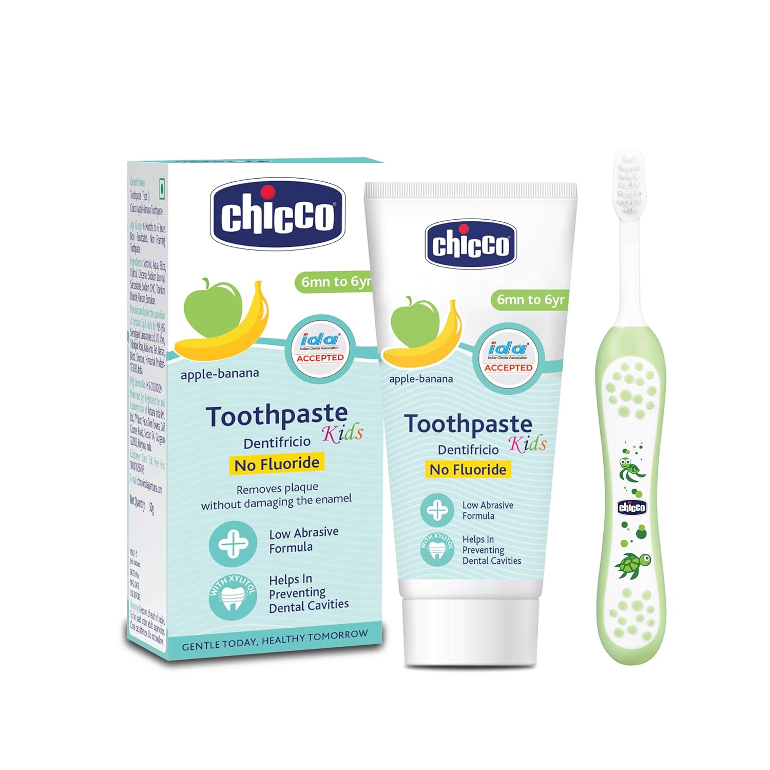 Chicco Toothpaste Apple banana 6M-6Y + Chicco Brush Green 6M-36M Combo Pack