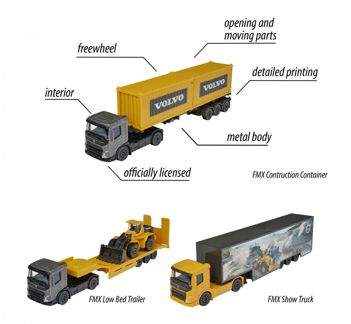 Majorette Volvo Construction Series Die-Cast Trucks 3 Variants - FMX Construction Container, FMX Low Bed Trailer, FMX Show Truck | Realistic Detailing, Durable Build, Ideal for Kids & Collectors | Premium Construction Vehicles for Ages 3+