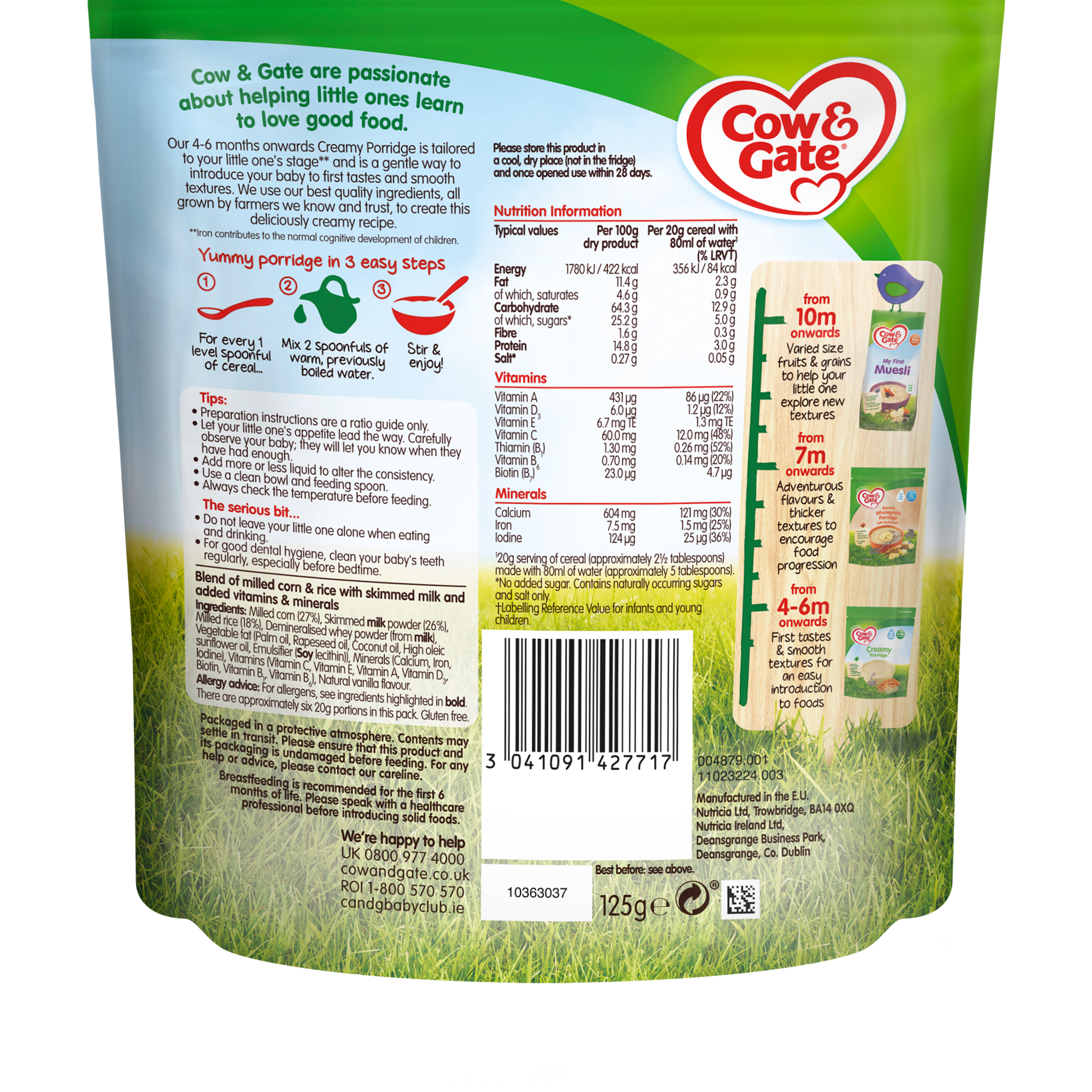 Cow & Gate Creamy Porridge 125g – Nutritious Gluten-Free Baby Cereal for 4+ Months | Gentle First Weaning Food with Essential Vitamins