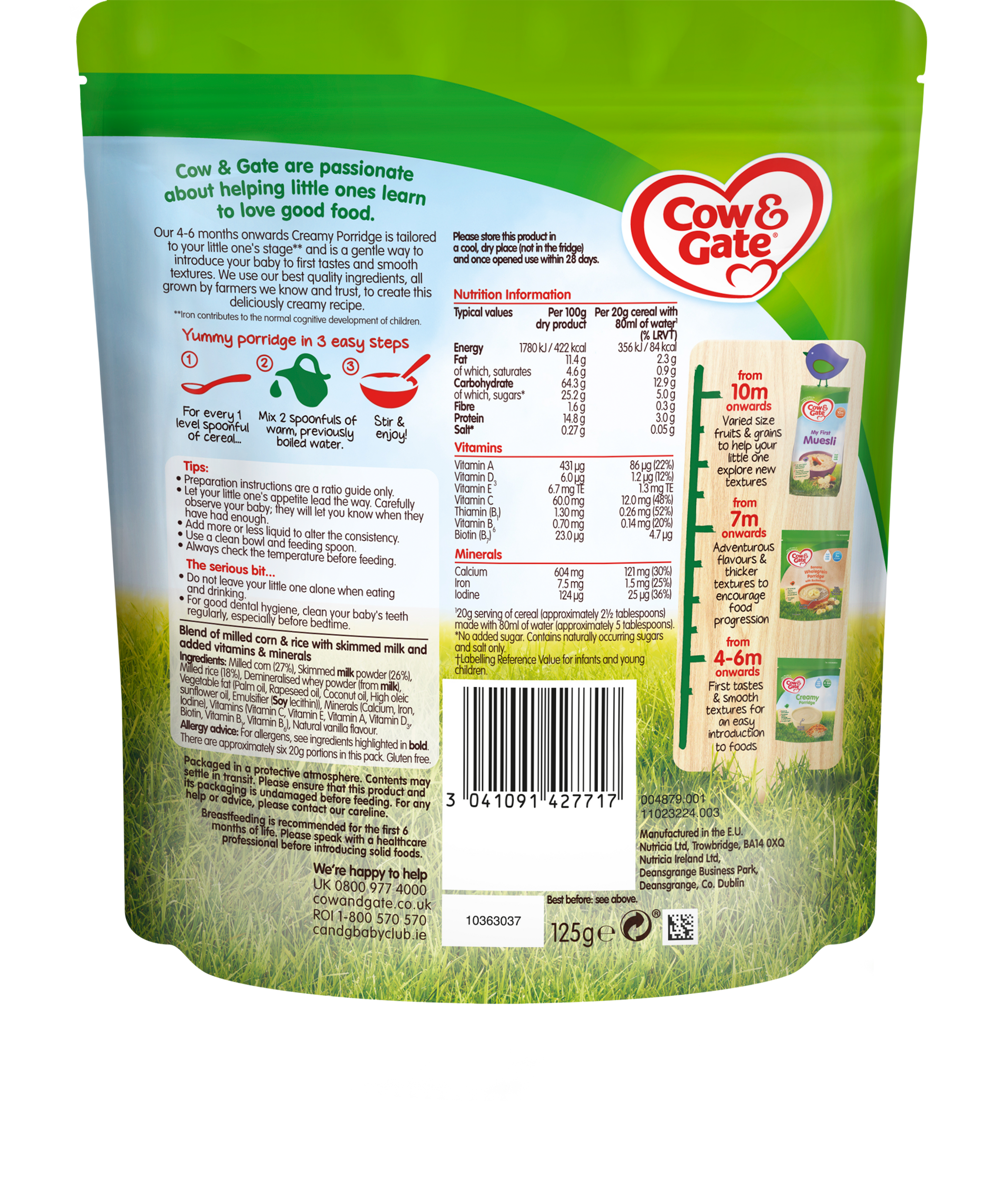 Cow & Gate Creamy Porridge 125g – Nutritious Gluten-Free Baby Cereal for 4+ Months | Gentle First Weaning Food with Essential Vitamins - MINIMEE KIDS