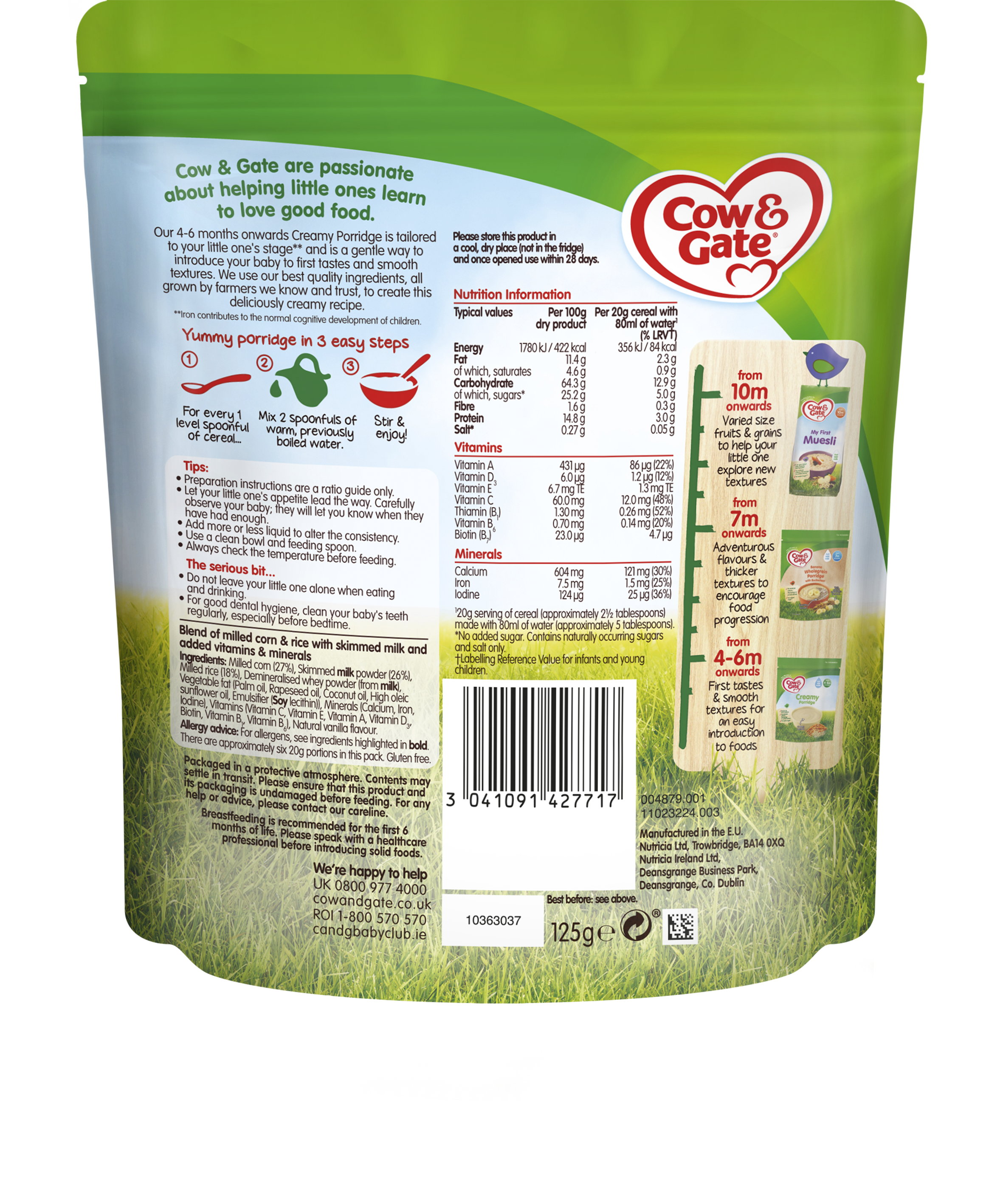 Cow & Gate Creamy Porridge 125g – Nutritious Gluten-Free Baby Cereal for 4+ Months | Gentle First Weaning Food with Essential Vitamins