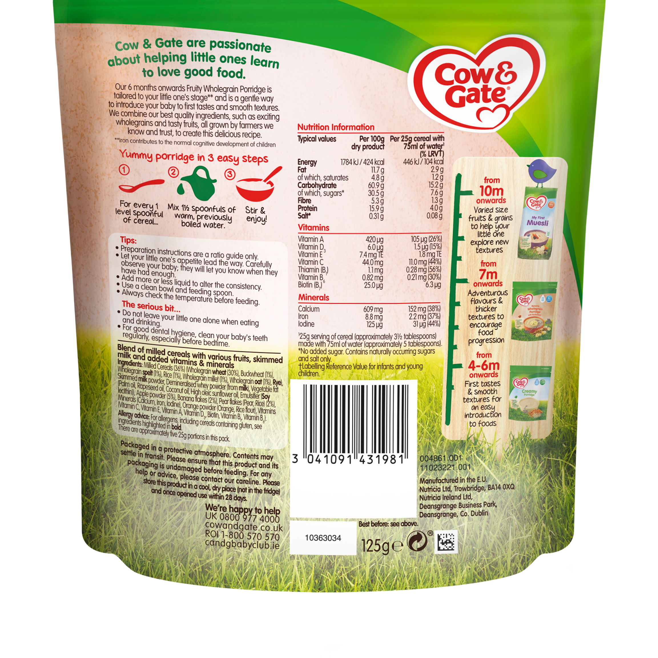 Cow & Gate Fruity Wholegrain Porridge - 125g | Nutritious Breakfast for Babies 6+ Months
