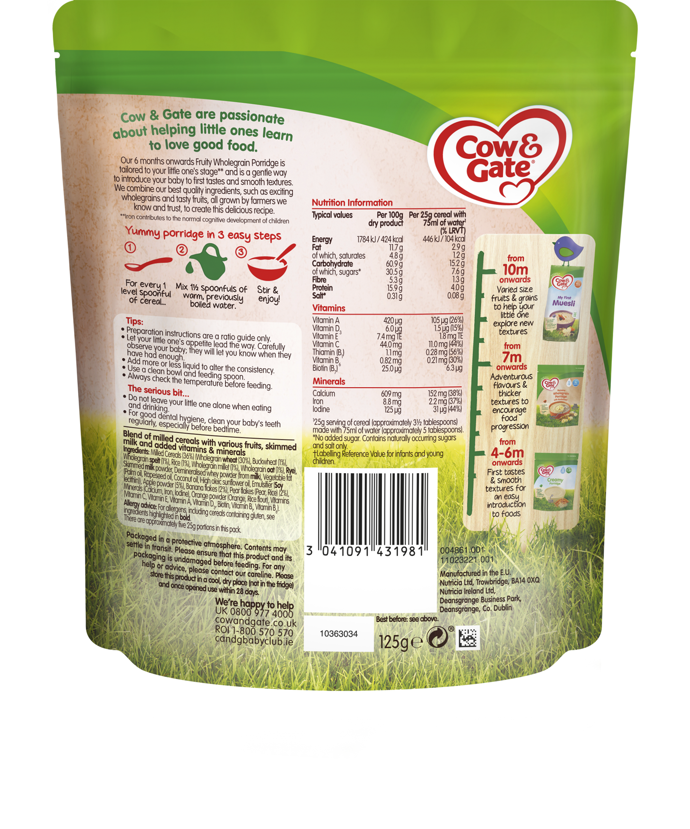 Cow & Gate Fruity Wholegrain Porridge - 125g | Nutritious Breakfast for Babies 6+ Months