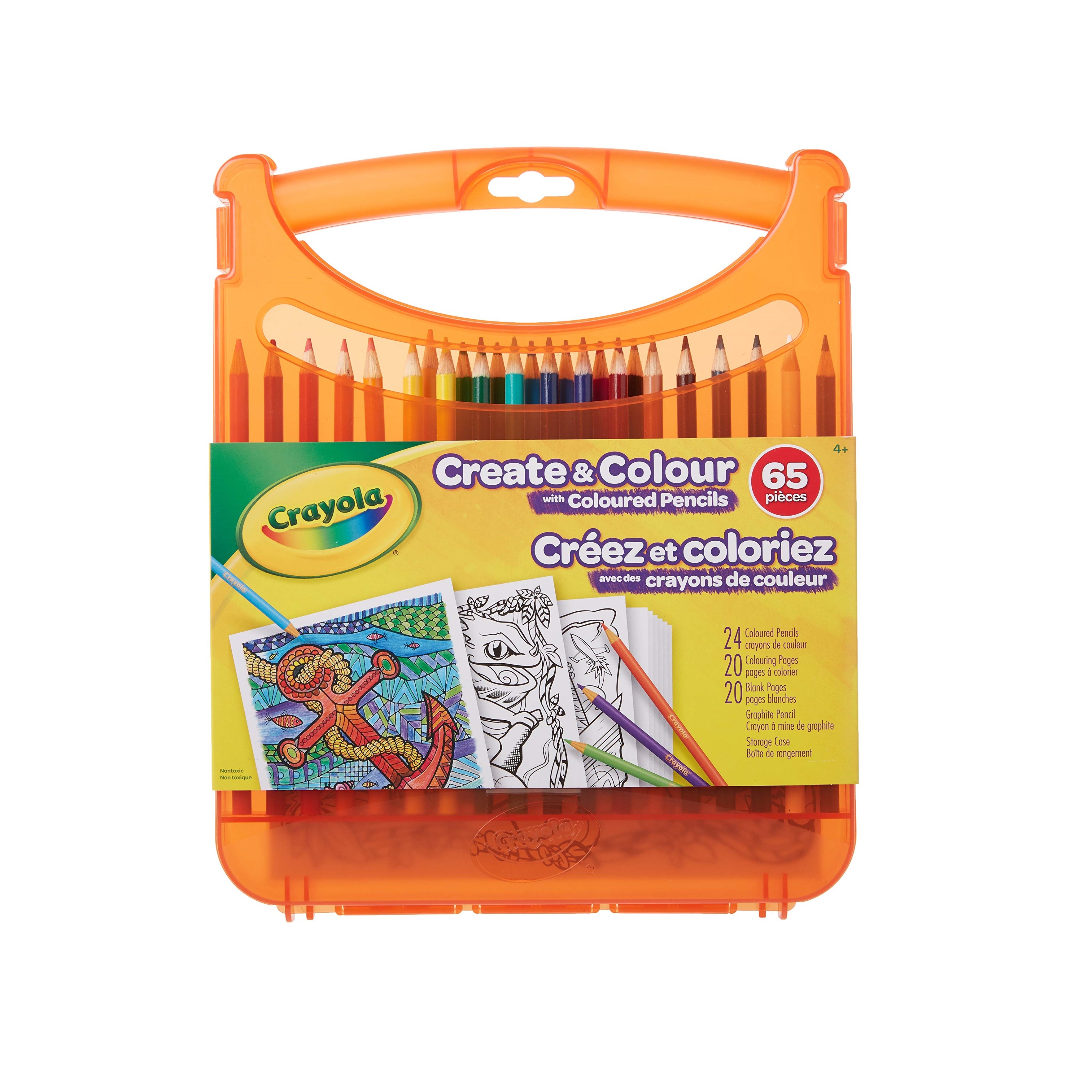 Crayola Create & Colour 65-Piece Coloured Pencils Set with Line Art & Blank Sheets – Art Kit for Kids Aged 4+, Durable Case Included