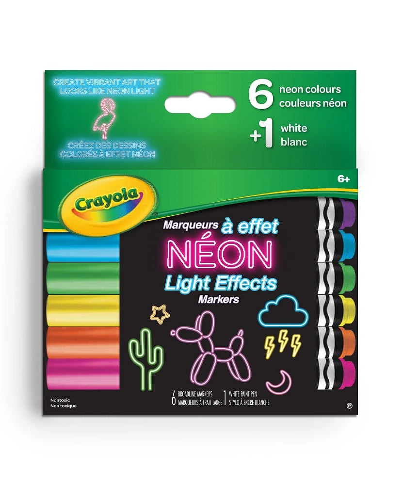 Crayola Neon Light Effects Markers Pack – 6 Gel FX Neon Colours + 1 White Paint Pen | For Age 6+ | Broad Line Tip | Vibrant Neon Art Without Special Lighting | Works on Light & Dark Paper - MINIMEE KIDS
