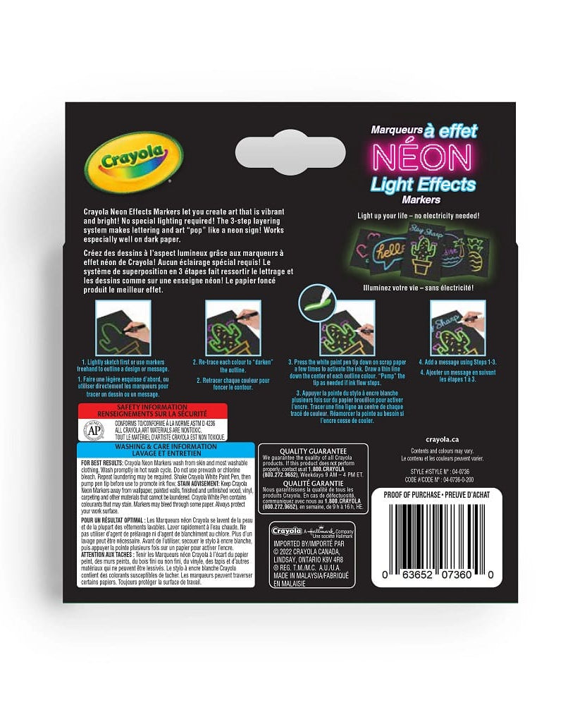 Crayola Neon Light Effects Markers Pack – 6 Gel FX Neon Colours + 1 White Paint Pen | For Age 6+ | Broad Line Tip | Vibrant Neon Art Without Special Lighting | Works on Light & Dark Paper - MINIMEE KIDS