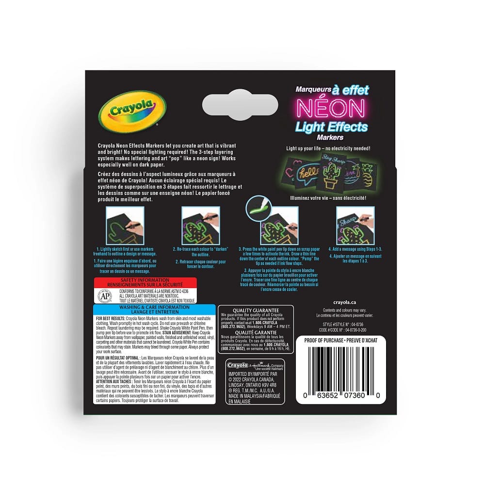 Crayola Neon Light Effects Markers Pack – 6 Gel FX Neon Colours + 1 White Paint Pen | For Age 6+ | Broad Line Tip | Vibrant Neon Art Without Special Lighting | Works on Light & Dark Paper