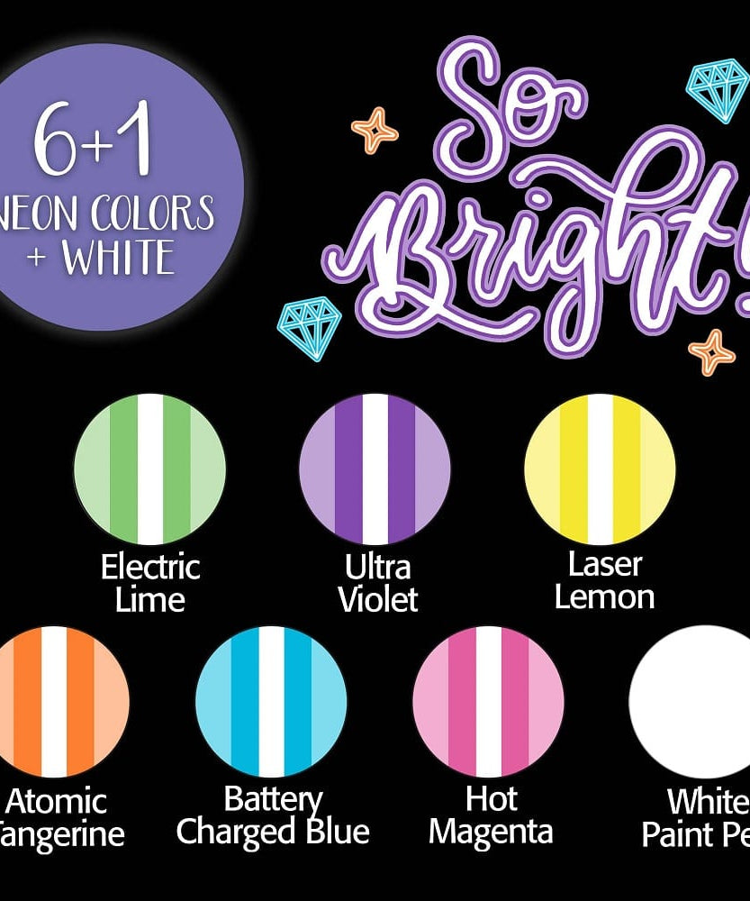 Crayola Neon Light Effects Markers Pack – 6 Gel FX Neon Colours + 1 White Paint Pen | For Age 6+ | Broad Line Tip | Vibrant Neon Art Without Special Lighting | Works on Light & Dark Paper - MINIMEE KIDS