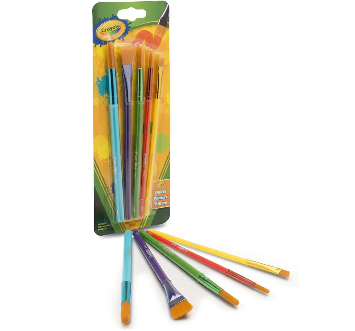Crayola 5-Piece Paint Brush Set – Assorted Sizes & Shapes | Flat, Angle & Round Brushes for Kids’ Art Projects & Craft Kits | Soft Bristles, Color-Coded Handles