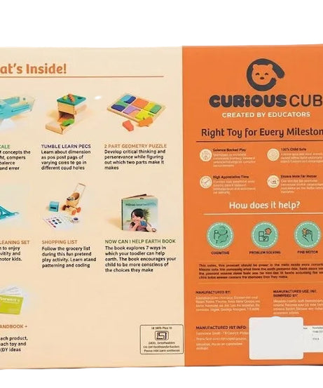 Curious Cub Level 13 Montessori Play & Learn Kit box back, providing a detailed contents list and the specific developmental benefits for toddlers aged 2.6+