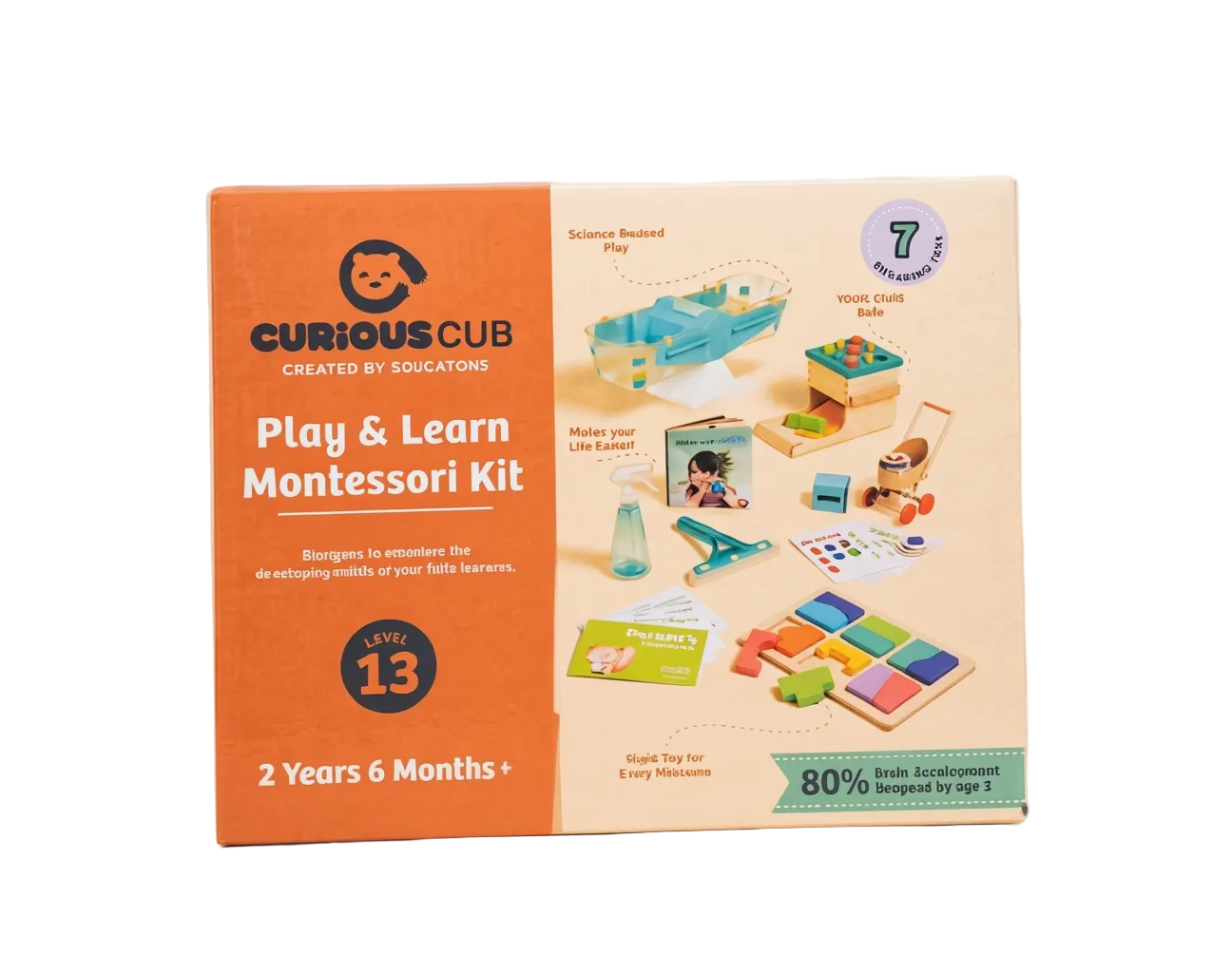 Curious Cub Level 13 Montessori Play & Learn Kit box front, showing illustrations of educational toys and key benefit text for age 2.6+